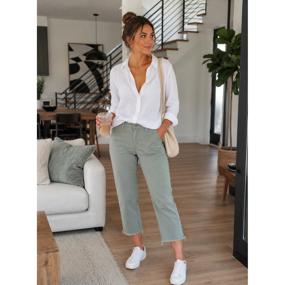 Frank And Eileen Wicklow Pants Cropped Raw Hem Green Women's Size 2